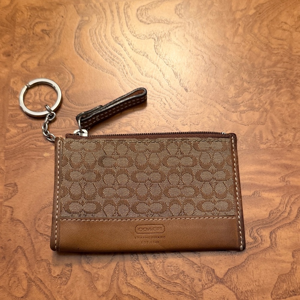Coach Brown Signature Card Pouch with Key Ring